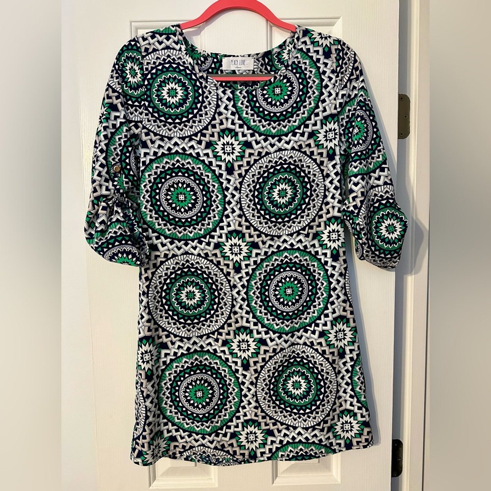 Peach Love California Geometric Green and Navy Dress